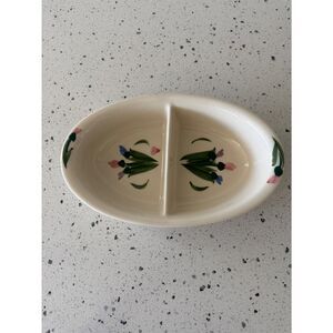 CLAY DESIGN VINTAGE 90s  Pottery Divided Serving Dish Hand Painted Irises USA